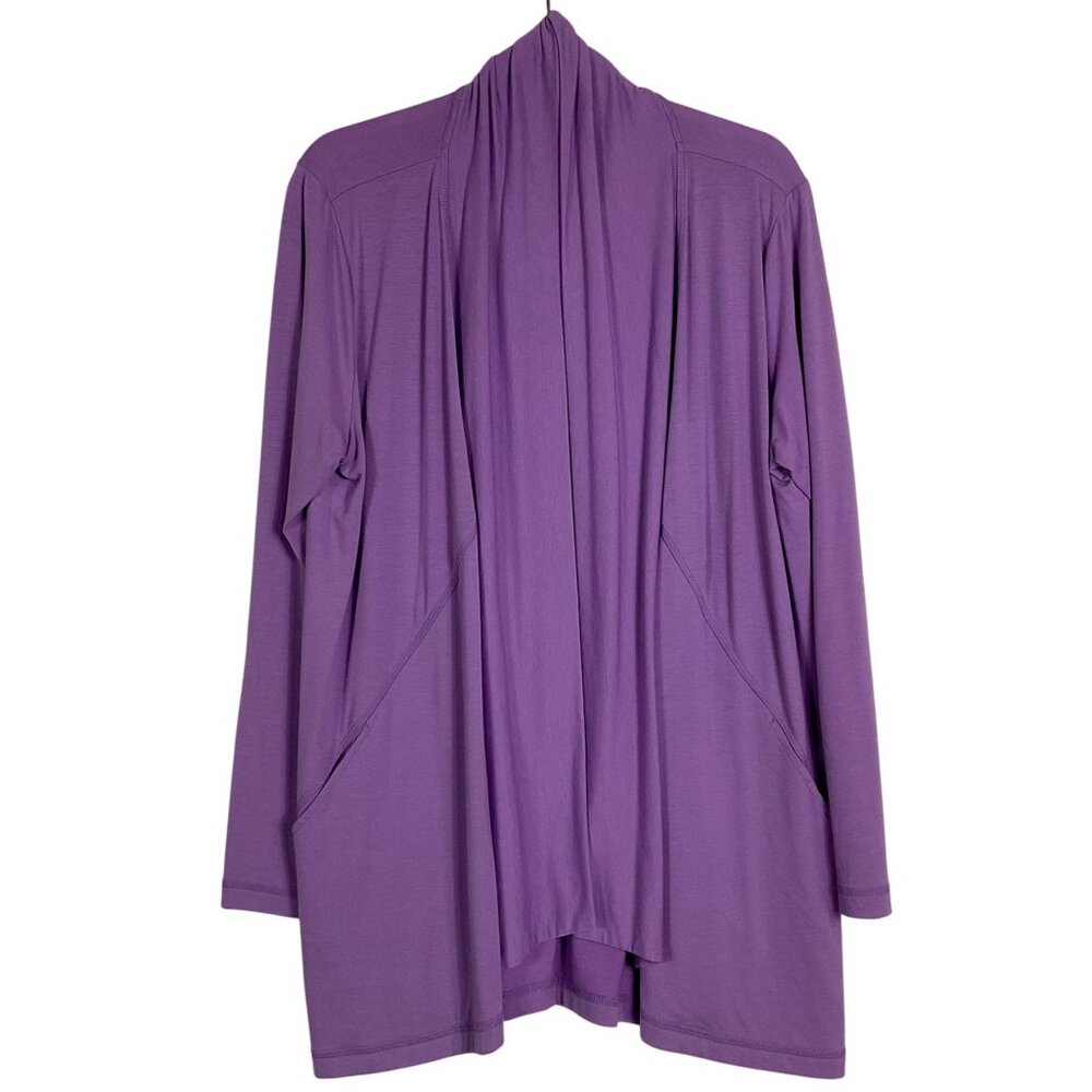 Lands’ End Open Front Draped Stretchy Cardigan Sweater Lilac Purple Large 14/16